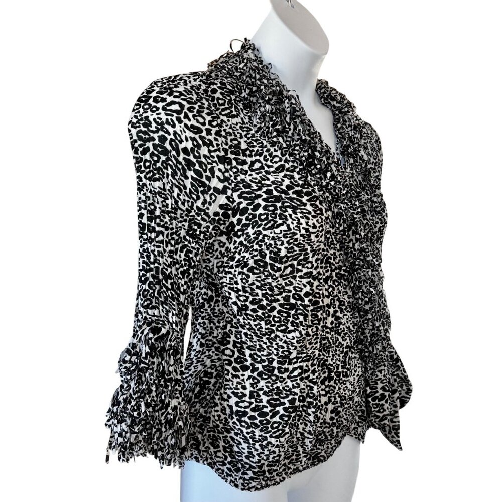 Agora Black White Leopard Print Ruffle Sleeve Blouse Womens Professional Top LP